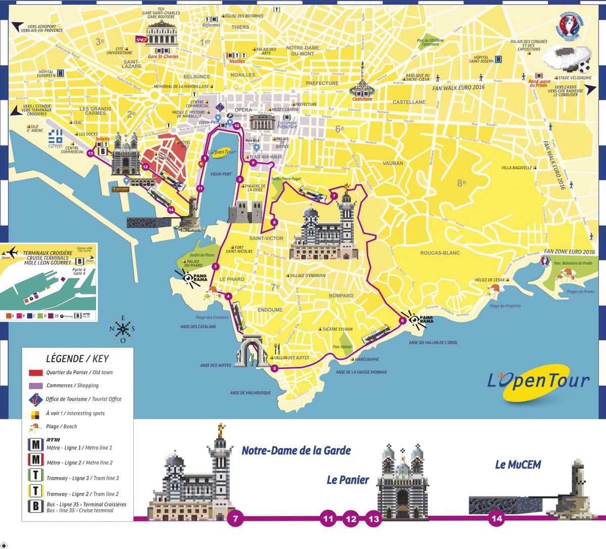 Marseille hop-on-hop-off bus route kaart